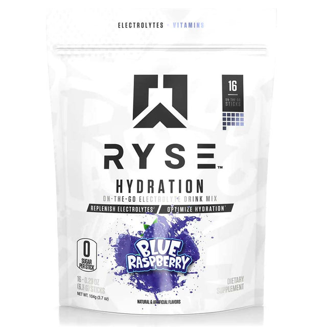 RYSE Electrolytes Hydration Sticks, Blue Raspberry, 16 Sticks - RYSE